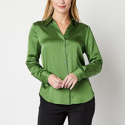a moss green button-up blouse