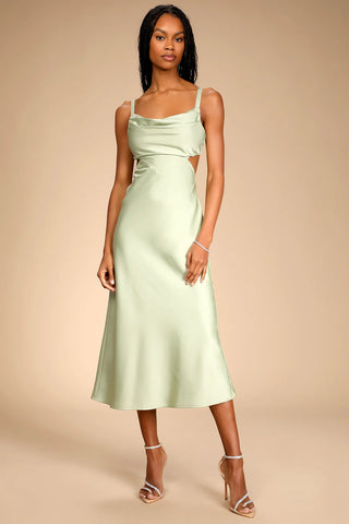 a sage green cowl neck midi dress