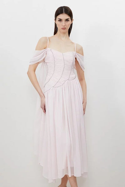 blush petite-cold-shoulder-embellished-dress
