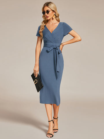 Tie Waist Faux Wrap Dress with Short Sleeves