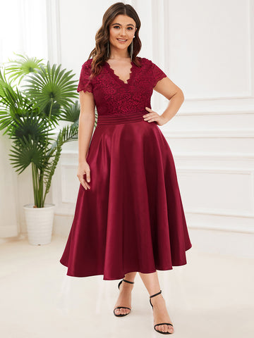 Embroidered Floral V Neck Short Sleeves Midi A-Line Formal Dress