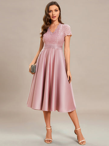 Embroidered Lace Midi Dress with Elegant Cap Sleeves