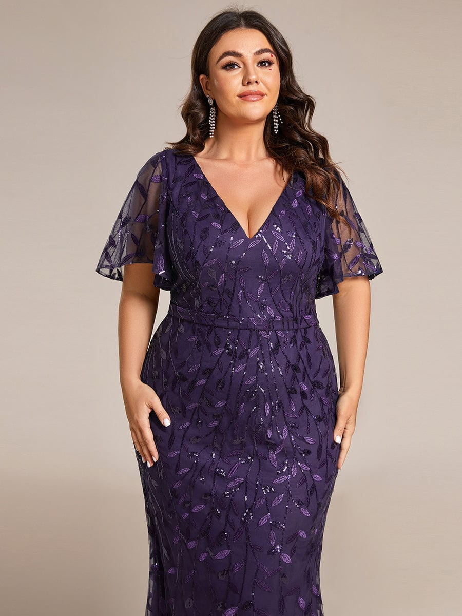 Gorgeous V Neck Leaf-Sequined Fishtail Party Dress