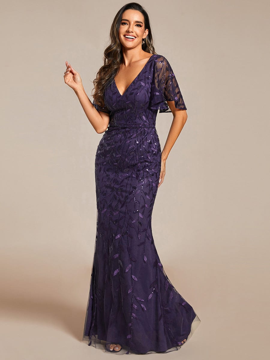 Gorgeous V Neck Leaf-Sequined Fishtail Party Dress