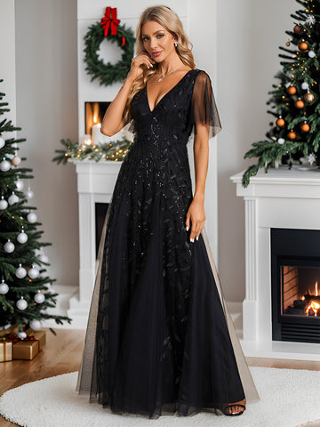 Romantic Shimmery V Neck Ruffle Sleeves Maxi Long Evening Gowns