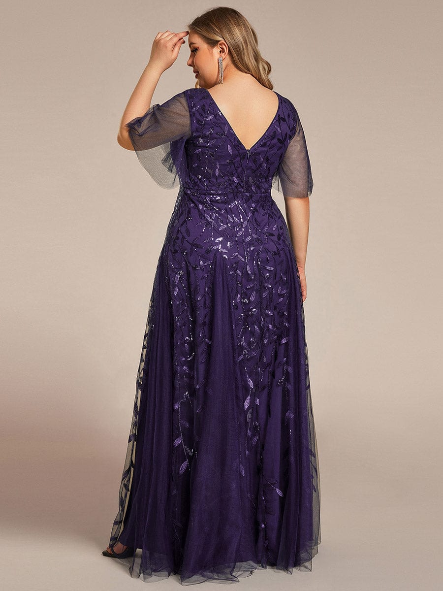 Romantic Shimmery V Neck Ruffle Sleeves Maxi Long Evening Gowns