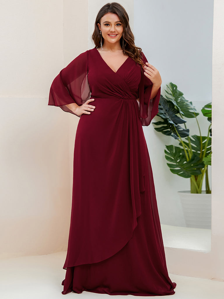 Plus Size Pleated Split Sleeve V-neck A-Line Chiffon Evening Dress