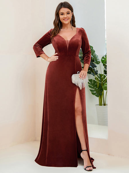 Plus Size Velvet 3/4 Sleeve Dress with Slit