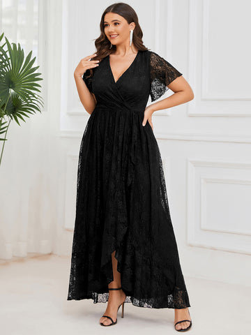 Pleated Ruffled Lace Evening Dress