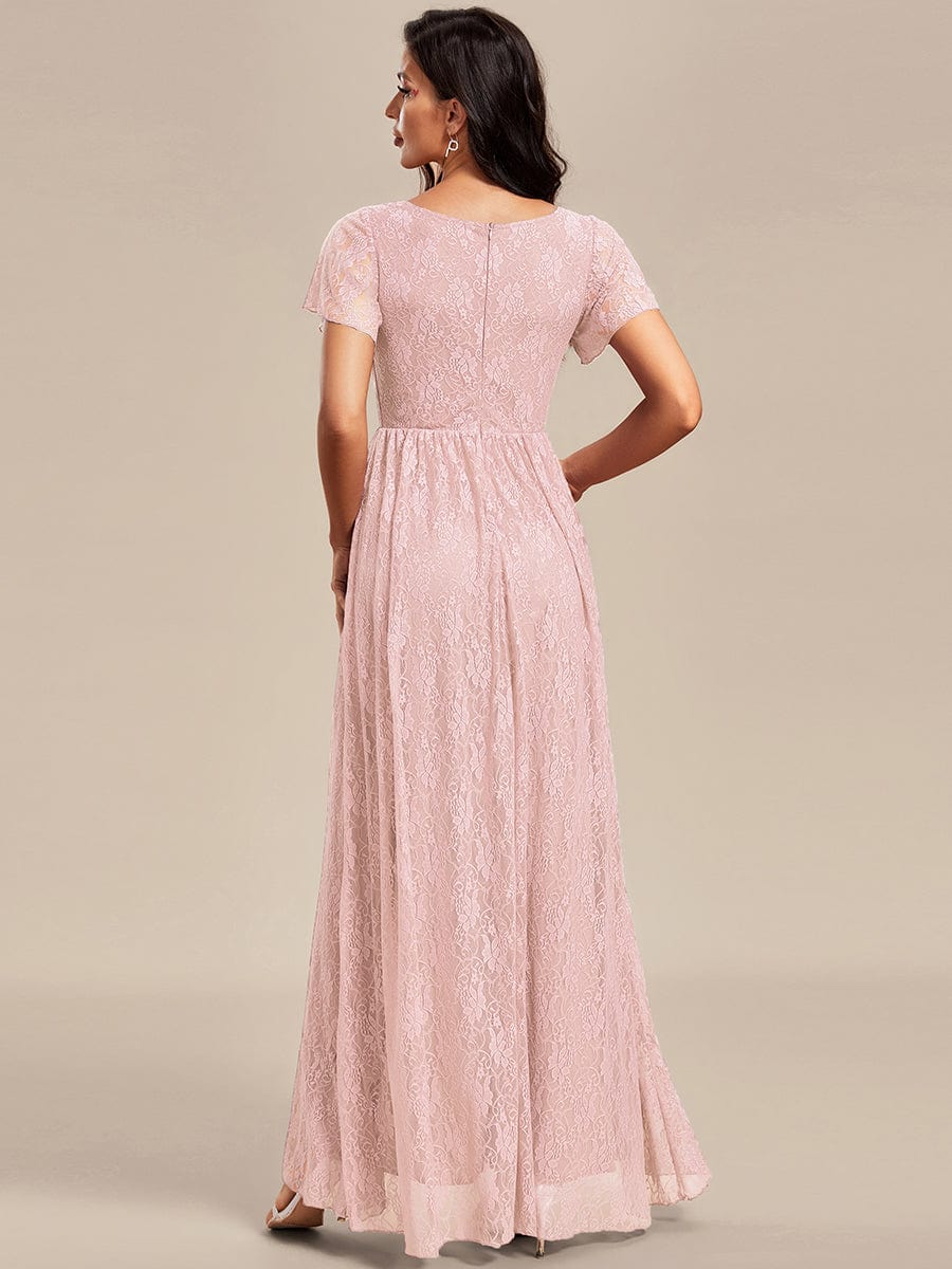 V-Neck Short Sleeve Pleated Ruffled Lace Evening Dress