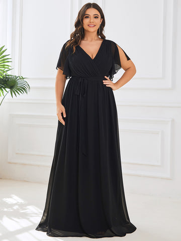 V-Neck Flutter Sleeve Floor-Length Black Chiffon Evening Dress