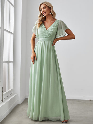 V-Neck Faux Wrap A-Line Chiffon Dress with Short Sleeves in Sage