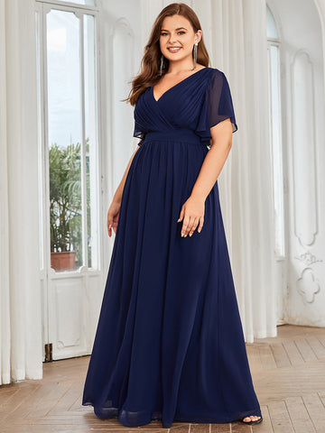 Plus Size Floor-Length Chiffon Evening Dress V-Neck Maxi