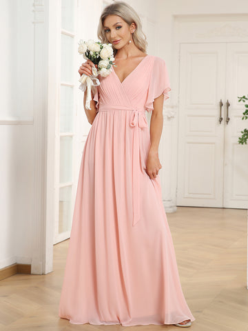 V-Neck Flutter Sleeve Long Chiffon Bridesmaid Dress in Pink