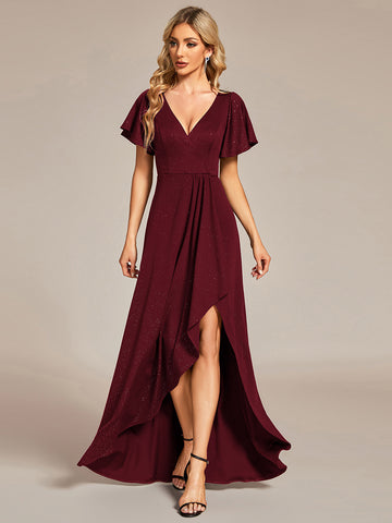 Ruffle Sleeves V Neck High Low Evening Dress