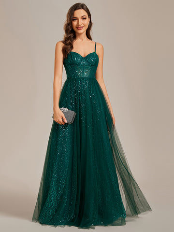 Sequin Spaghetti Strap A-Line Evening Dress