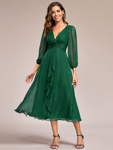 long sleeve midi faux-wrap dress in dark green