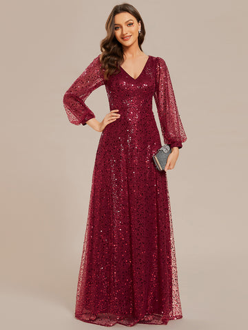 Long Lantern Sleeve Allover Sequin Evening Dress