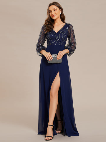 Sequined chiffon A-line dress in navy