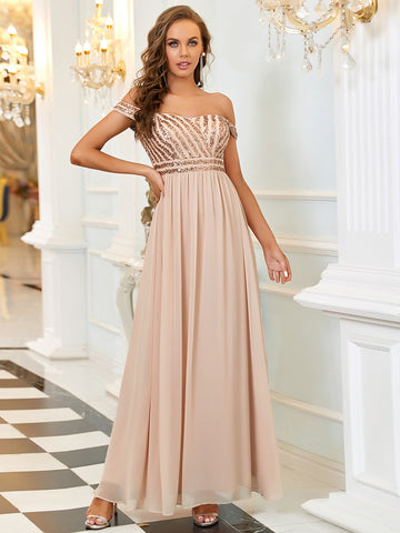 Off Shoulder Shining Paillette A-Line Maxi Evening Dress