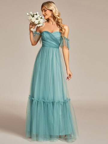 Off the Shoulder Pleated Tulle Dress in Dusty Blue