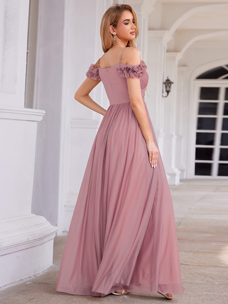 Sparkling V-Neck Cold-Shoulder Pleated Evening Dress with Floral Details