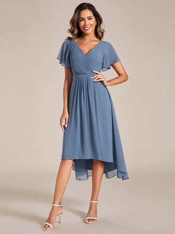 Faux Wrap Chiffon Midi Dress with Fluttery Sleeves