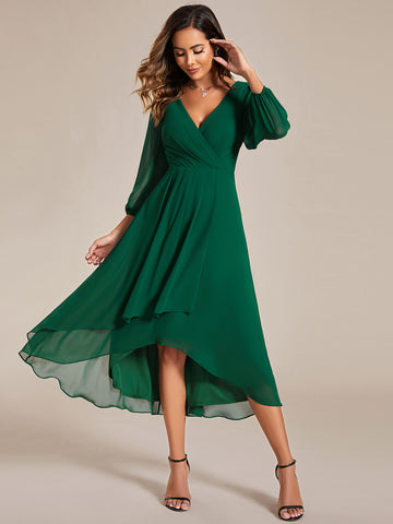 Long Sleeve V-Neck High Low Chiffon Dress