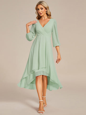 Long Sleeve Pleated V-Neck Midi Dress with High Low Skirt in Sage