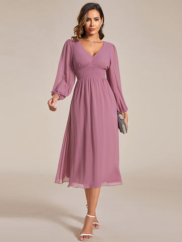 Elegant V Neck Long Sleeves Midi Wedding Guest Dress