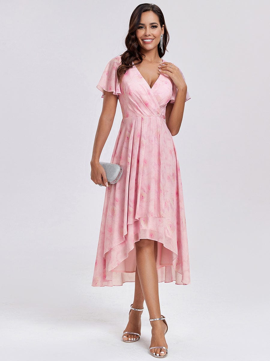 Chiffon Elegance Short Sleeve High-Low Wedding Guest Dress