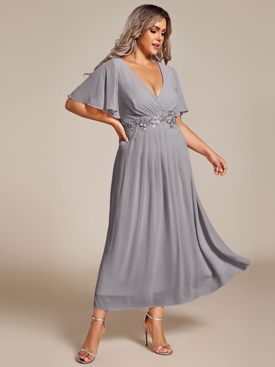 Plus Size V-Neck Chiffon Midi Wedding Guest Dress with Waist Applique