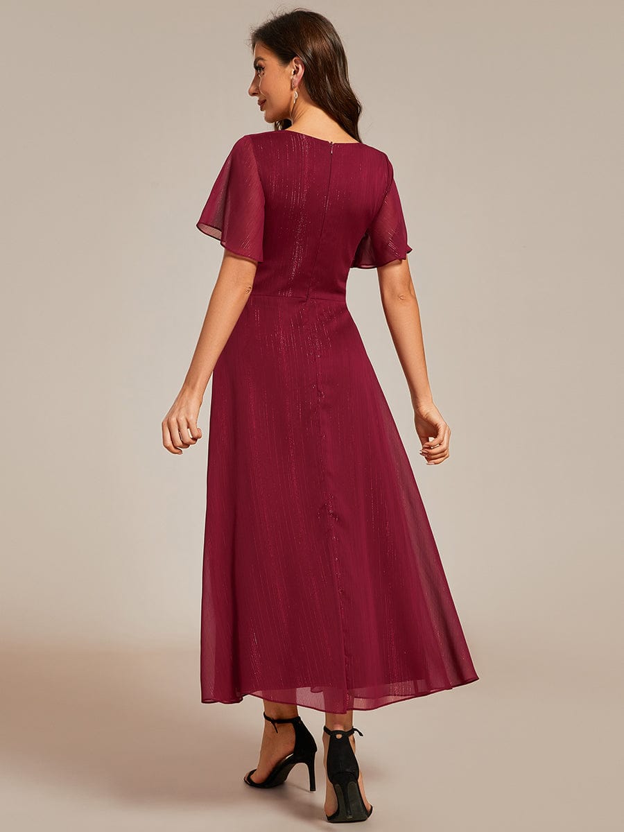 Glitter Short Sleeve A-Line Midi Wedding Guest Dress with Ruffled Hem