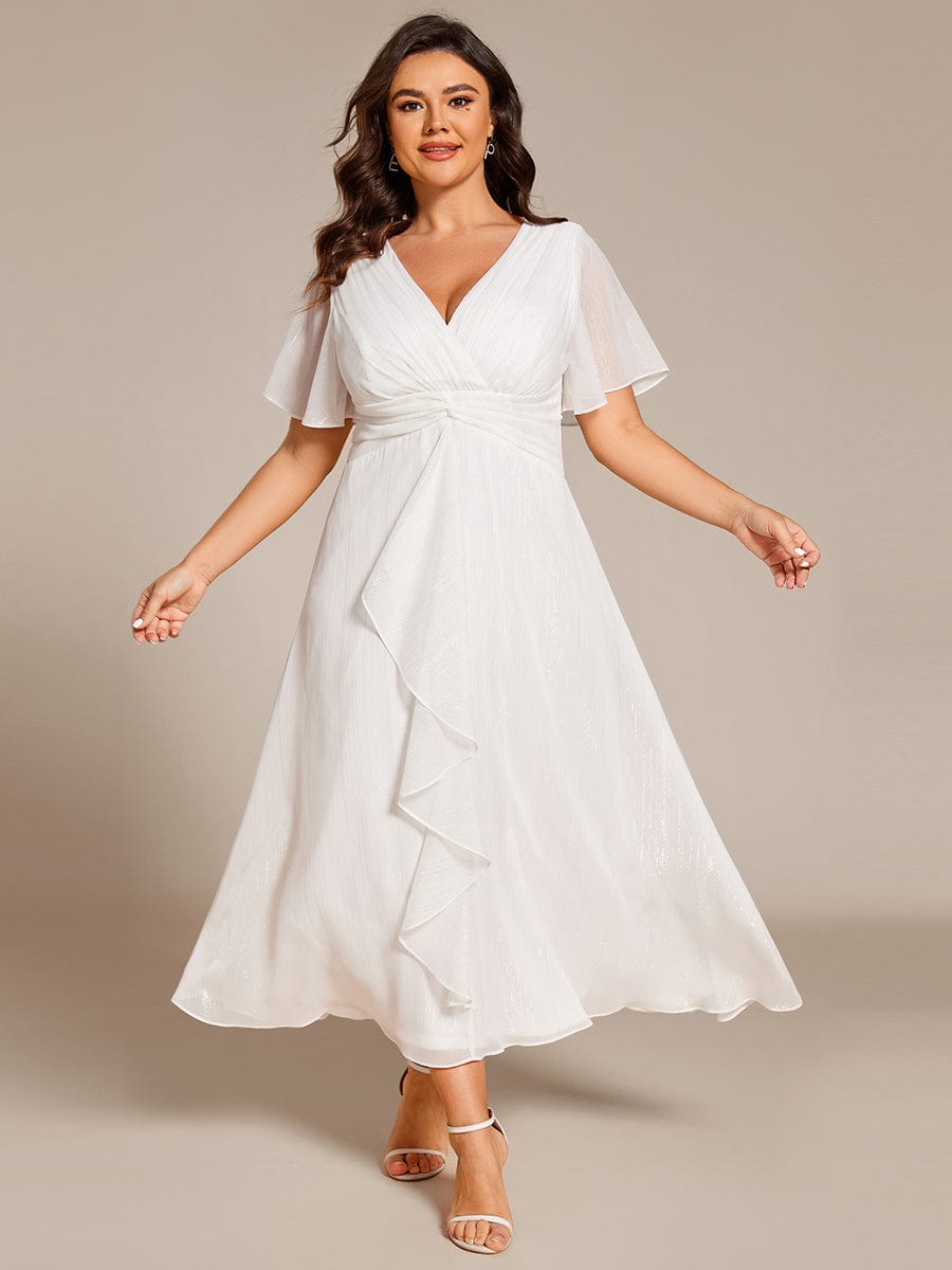 Glitter Short Sleeve A-Line Midi Wedding Guest Dress with Ruffled Hem