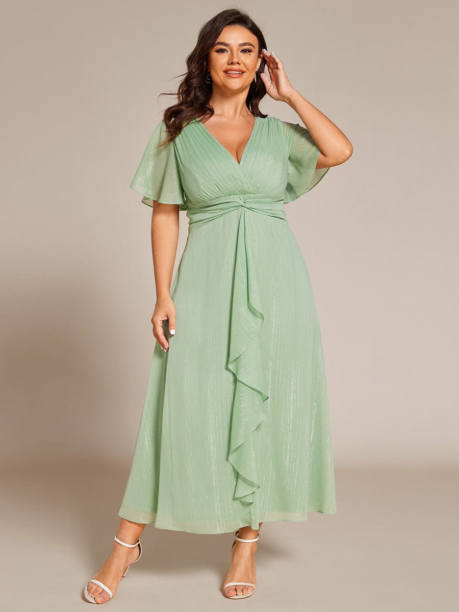 Glitter Short Sleeve A-Line Midi Wedding Guest Dress with Ruffled Hem