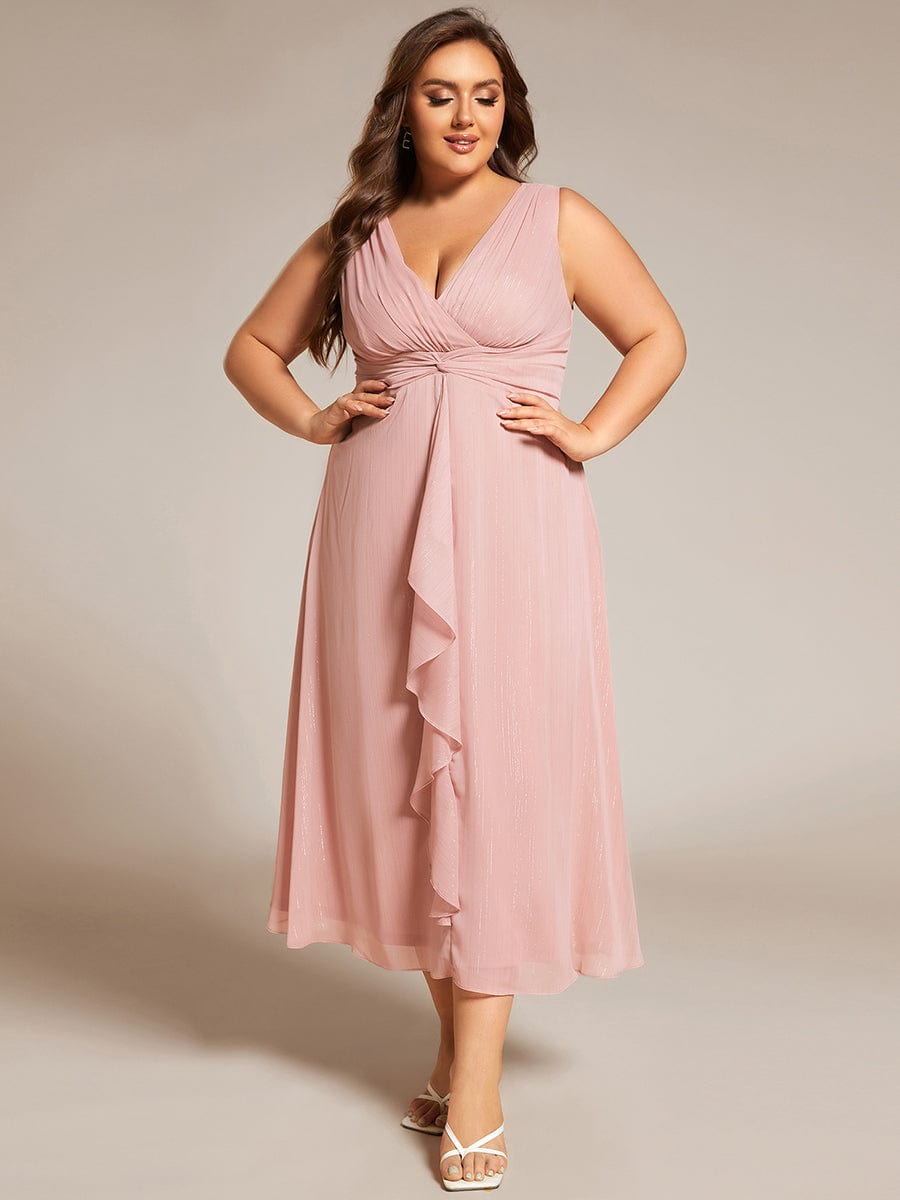 Plus Size Sleeveless Twist Knot Lotus Leaf Shimmering Wedding Guest Dress