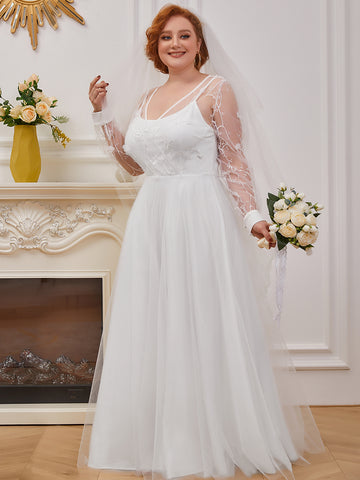 Plus Size A-Line Tulle Wedding Dress with Long sheer Sleeves