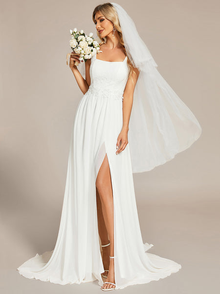 A-Line square neckline white wedding dress