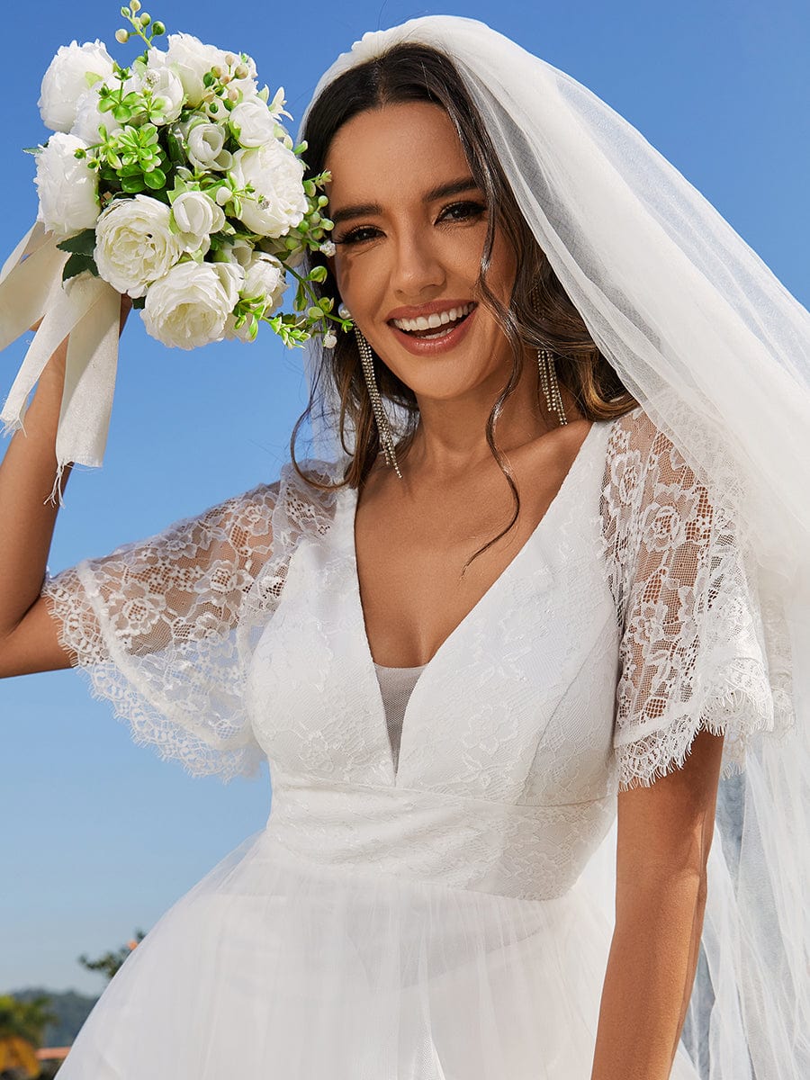 V-Neck Lace Tulle Wedding Dresses with Ruffled Sleeves