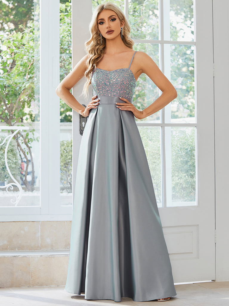 sparkly a-line satin prom dress