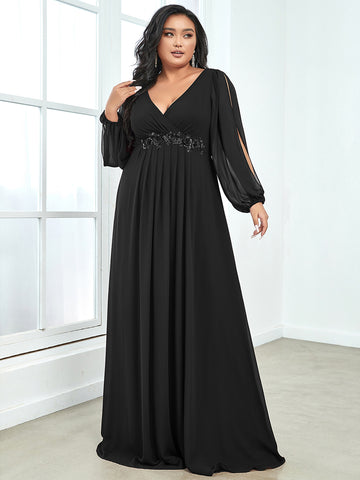 Chiffon Plus Size Evening Dresses with Long Lantern Sleeves