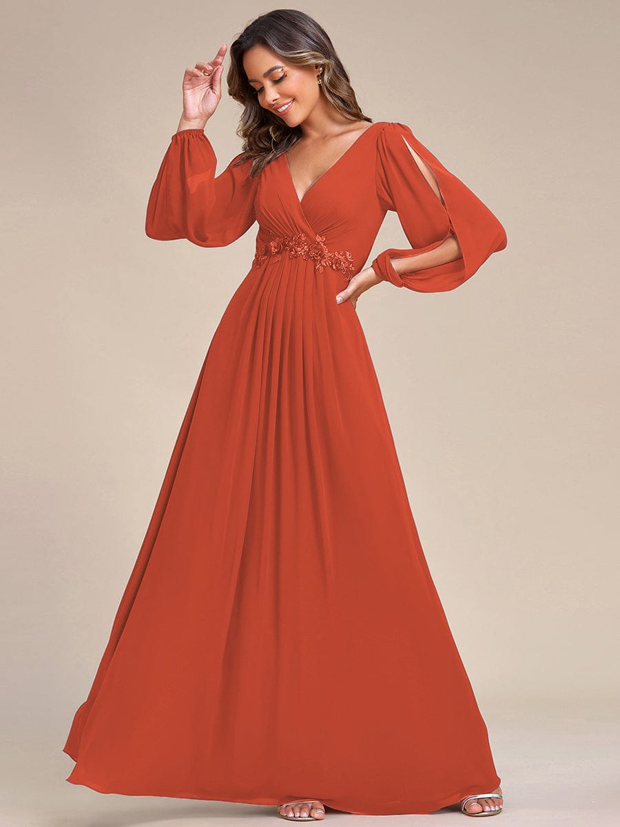 Lantern Long Slit Sleeve Deep V Applique Maxi Evening Dress