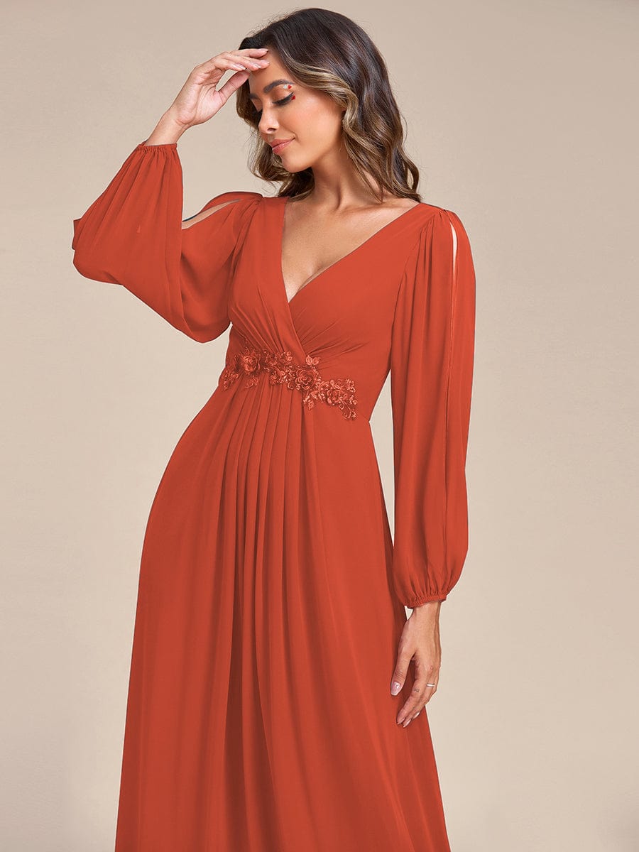 Lantern Long Slit Sleeve Deep V Applique Maxi Evening Dress