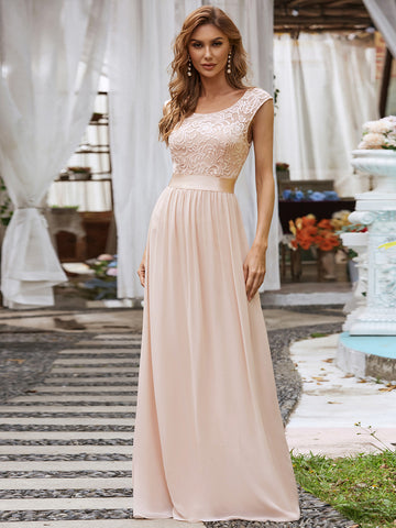 Classic Round Neck Lace & Chiffon Bridesmaid Dress