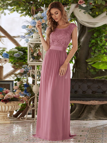 Round Neck V Back Lace Bodice Bridesmaid Dress in Purple Orchid