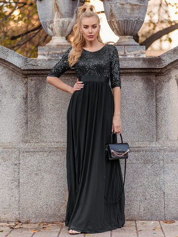 Elegant Round Neckline 3/4 Sleeve Sequins Patchwork Evening Dress
