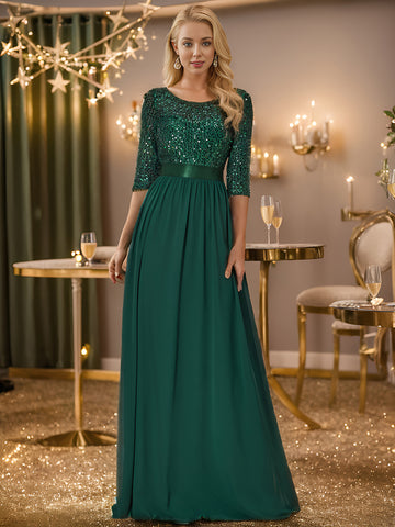 3/4 Sleeve Sequin Dark Green Prom Dress