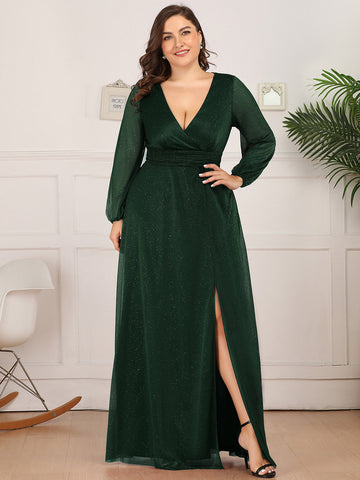 Sexy V-Neck Shiny Plus Size Evening Dresses with Long Sleeve