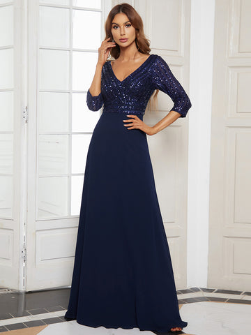 Sexy V Neck A-Line Sequin Evening Dresses with 3/4 Sleeve