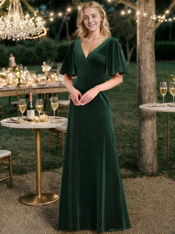 V-Neck Dark Green Velvet Prom Dress